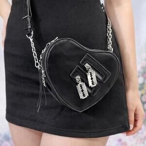 Black Gothic Heart Crossbody Bag With Razor Blade Zipper Charms- Edgy Purse
